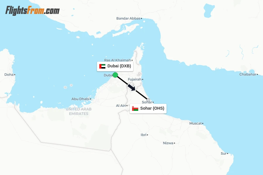 Flights from Dubai to Sohar route map