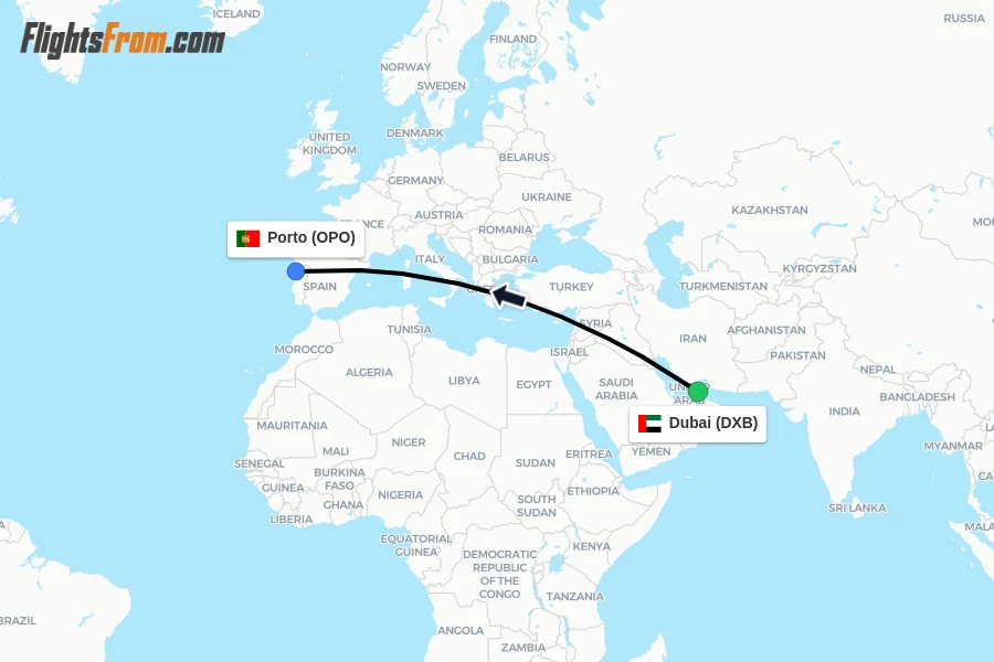 Flights from Dubai to Porto route map