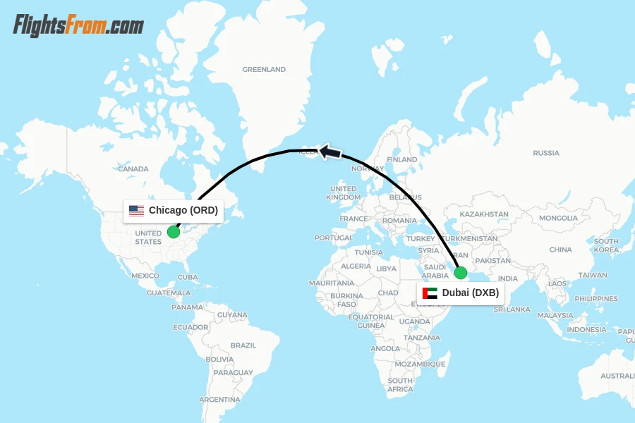 Flights from Dubai to Chicago route map