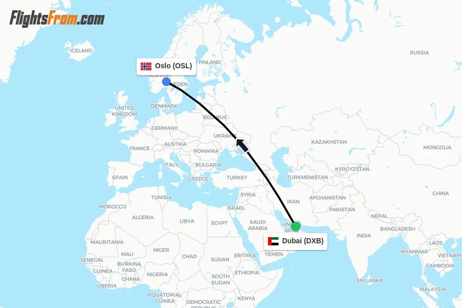 Flights from Dubai to Oslo route map