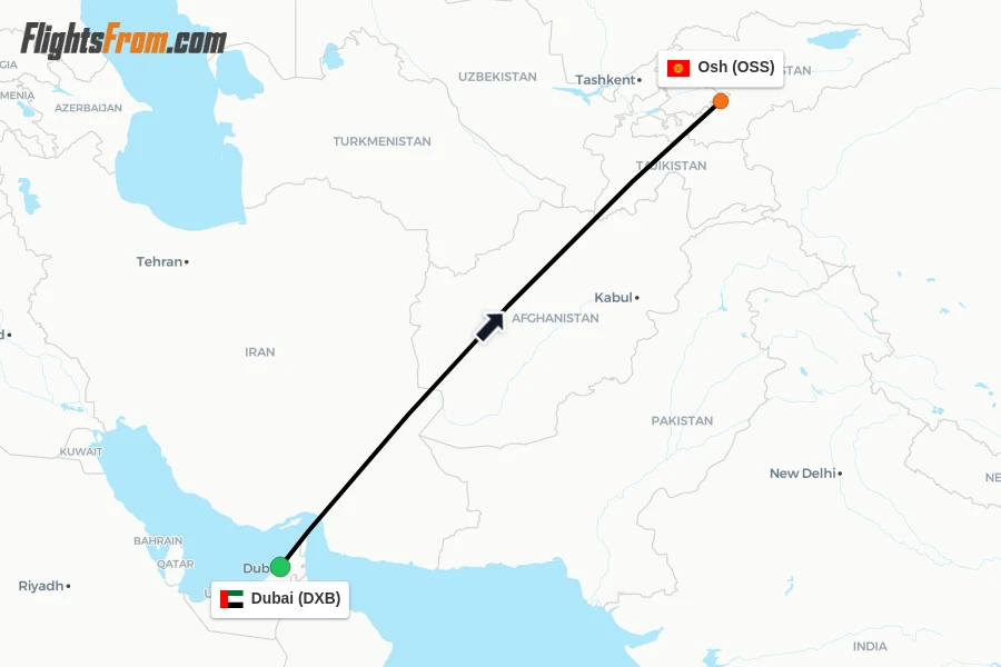 Flights from Dubai to Osh route map
