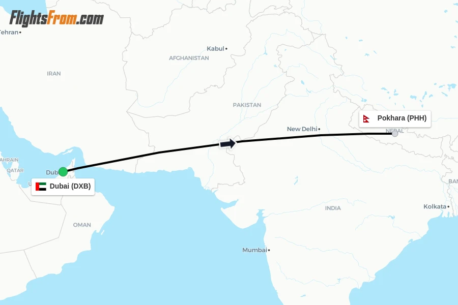 Flights from Dubai to Pokhara route map