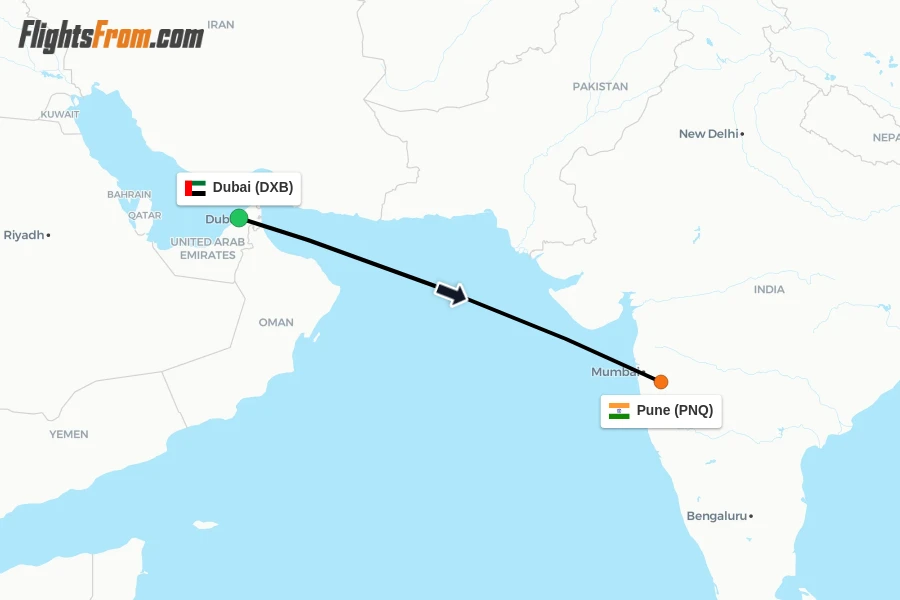 Flights from Dubai to Pune route map