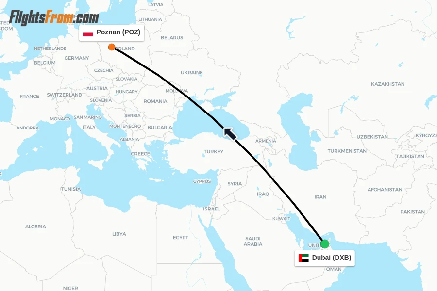 Flights from Dubai to Poznan route map