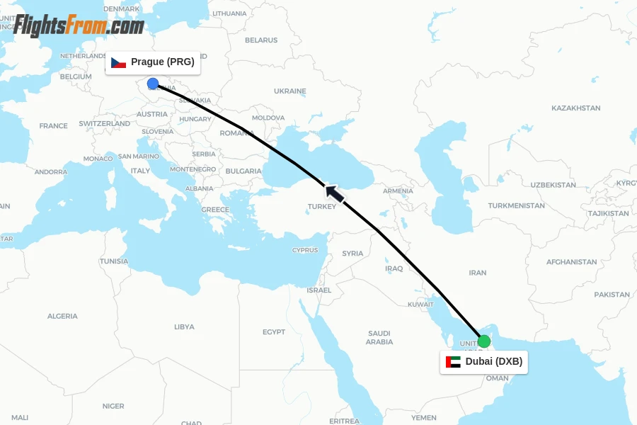 Flights from Dubai to Prague route map