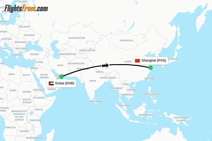Flights from Dubai to Shanghai route map