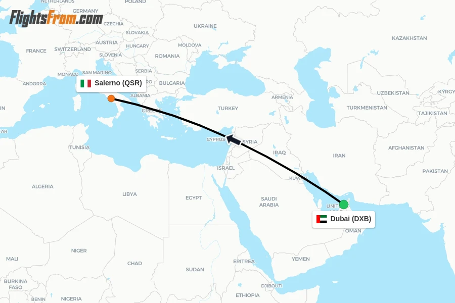 Flights from Dubai to Salerno route map