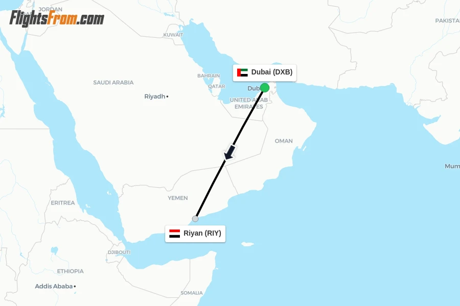 Flights from Dubai to Riyan route map