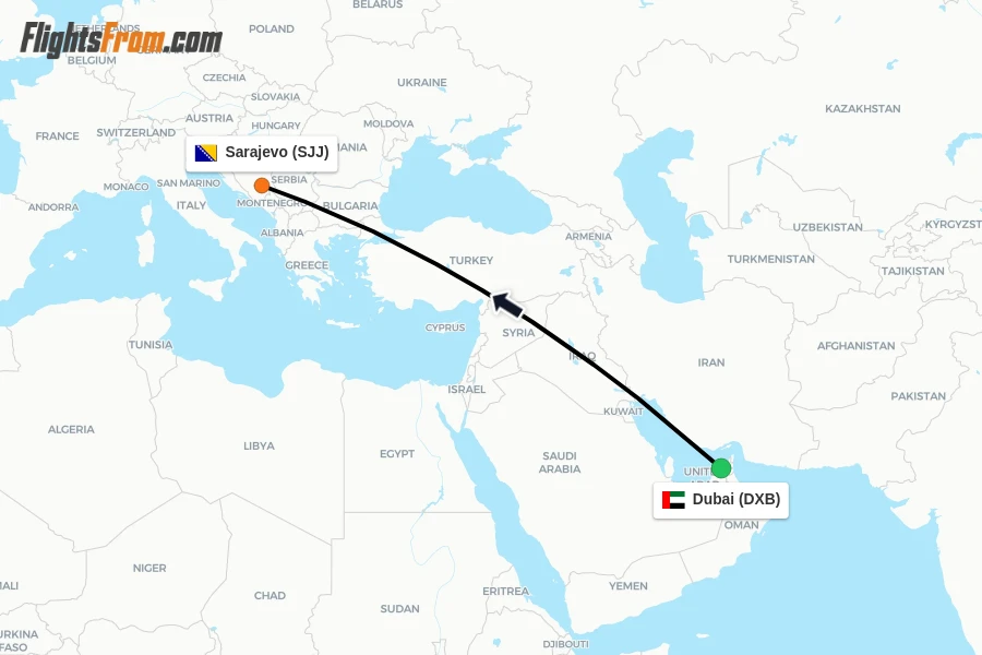 Flights from Dubai to Sarajevo route map