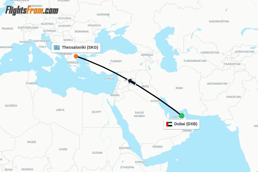 Flights from Dubai to Thessaloniki route map