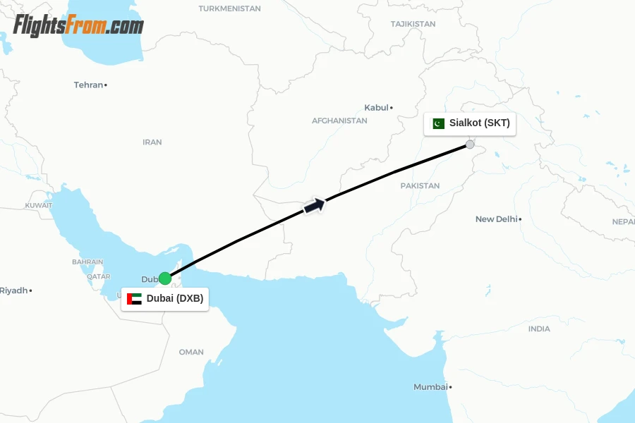 Flights from Dubai to Sialkot route map