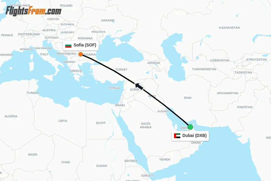Flights from Dubai to Sofia route map