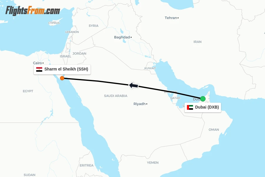 Flights from Dubai to Sharm el Sheikh route map
