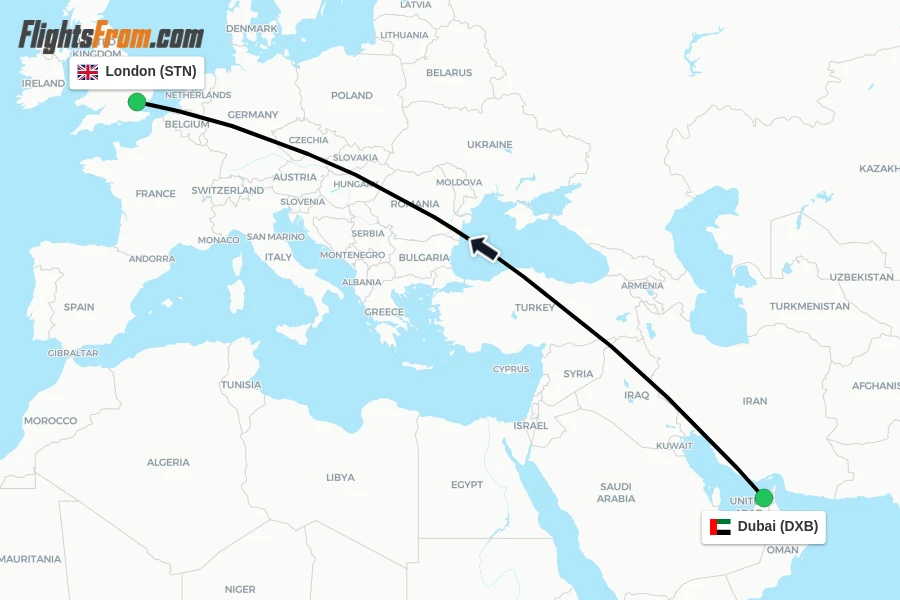 Flights from Dubai to London route map