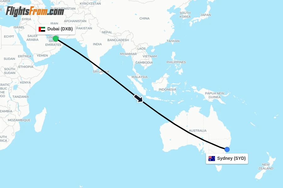Flights from Dubai to Sydney route map
