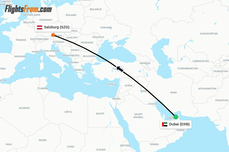 Flights from Dubai to Salzburg route map