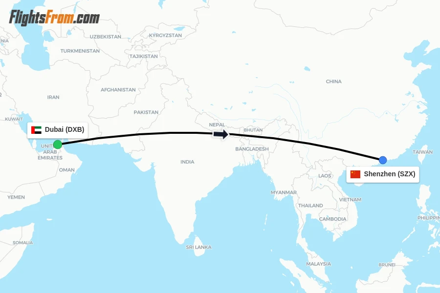Flights from Dubai to Shenzhen route map