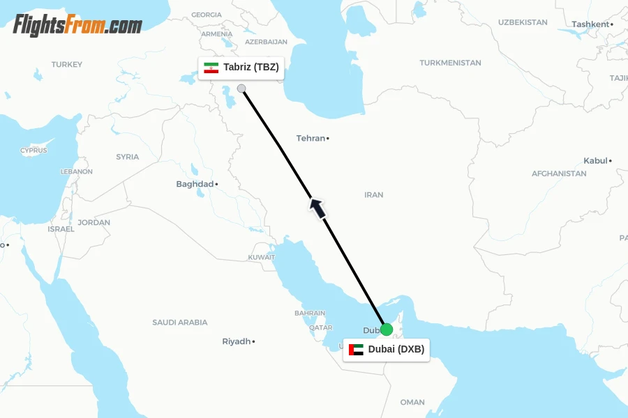 Flights from Dubai to Tabriz route map