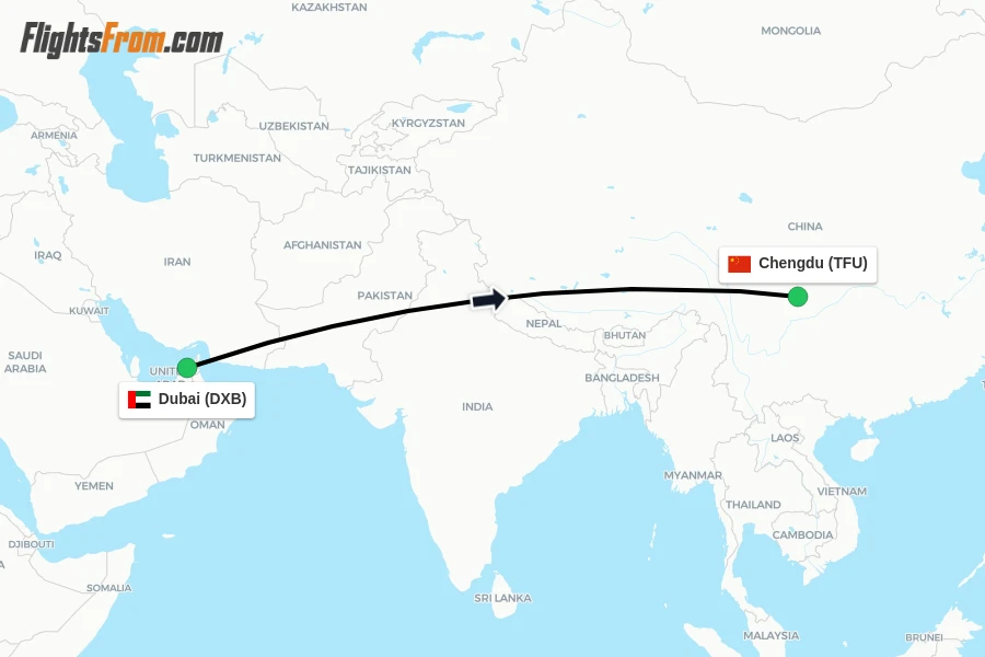 Flights from Dubai to Chengdu route map