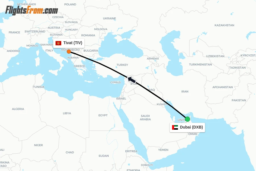 Flights from Dubai to Tivat route map