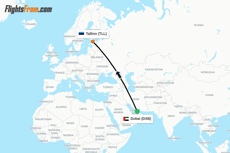 Flights from Dubai to Tallinn route map
