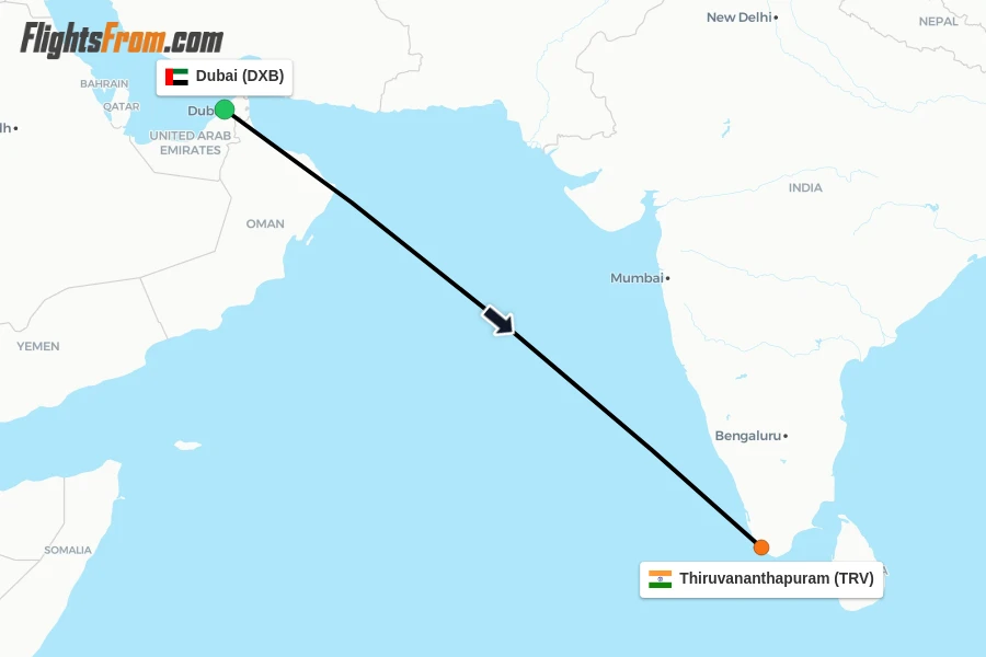 Flights from Dubai to Thiruvananthapuram route map