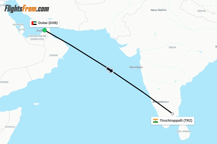 Flights from Dubai to Tiruchirappalli route map