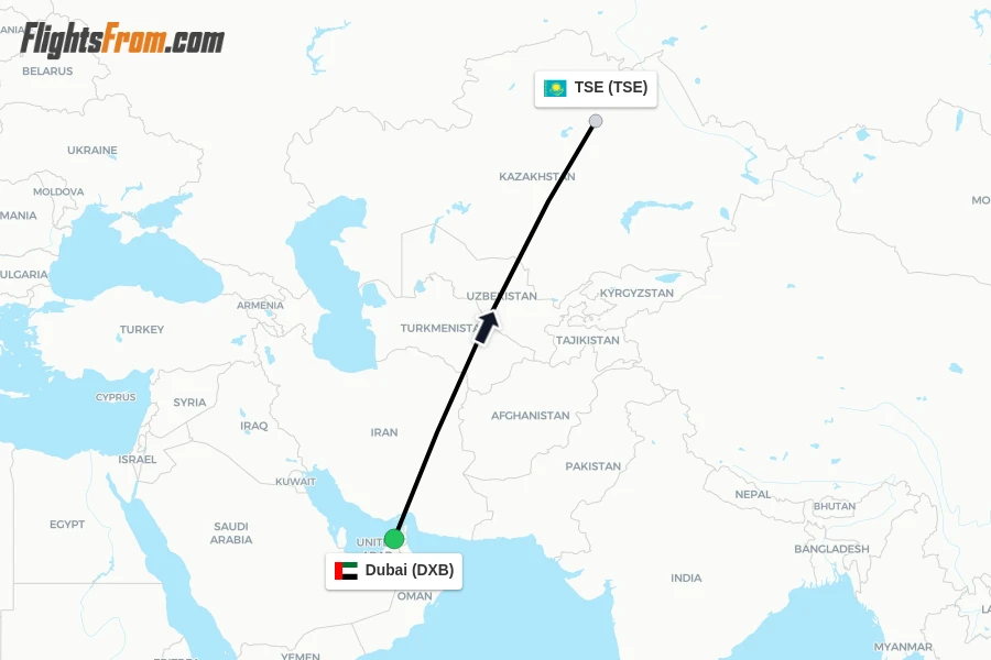 Flights from Dubai to TSE route map