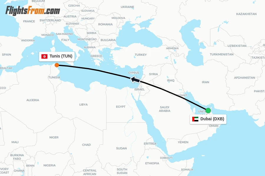 Flights from Dubai to Tunis route map