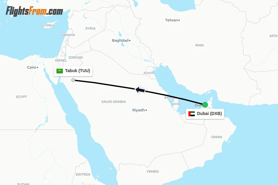 Flights from Dubai to Tabuk route map