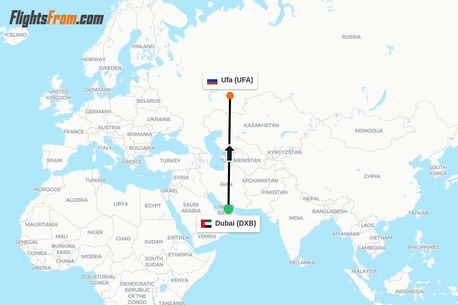 Flights from Dubai to Ufa route map
