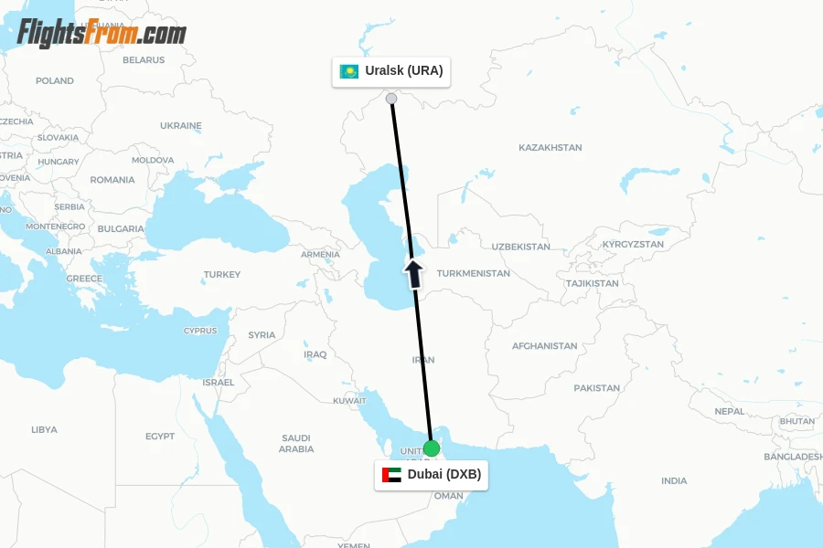 Flights from Dubai to Uralsk route map