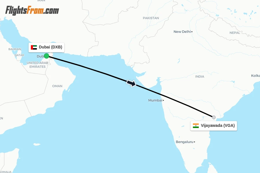 Flights from Dubai to Vijayawada route map