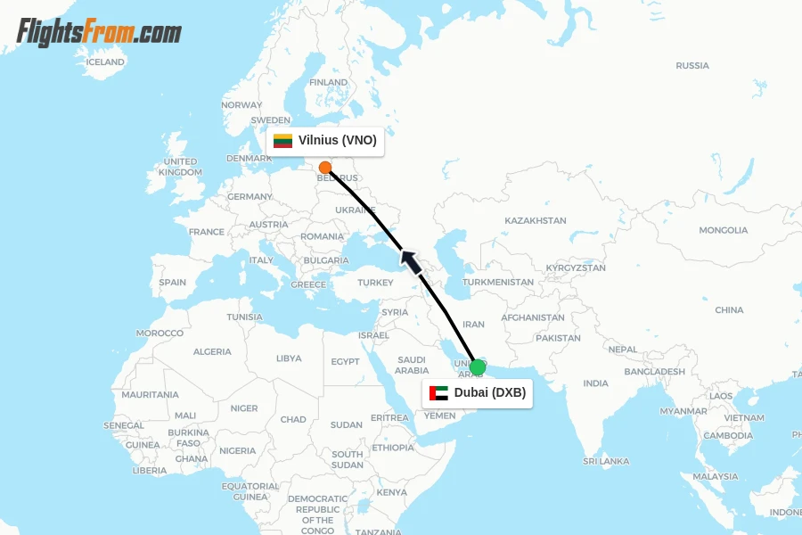 Flights from Dubai to Vilnius route map
