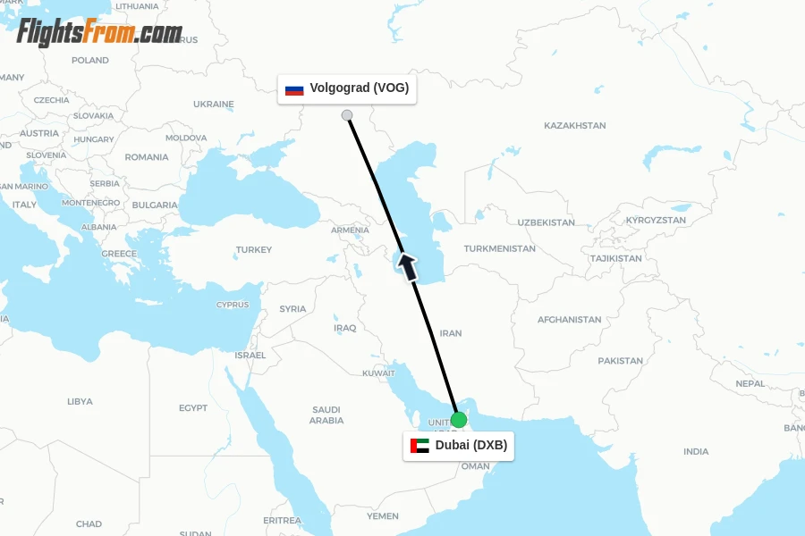 Flights from Dubai to Volgograd route map