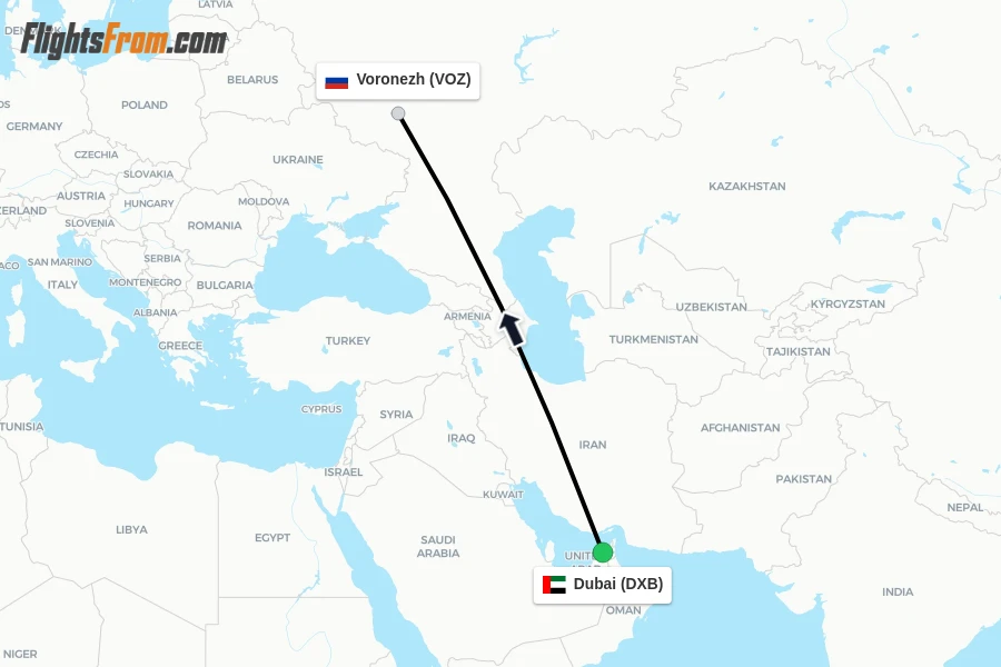 Flights from Dubai to Voronezh route map