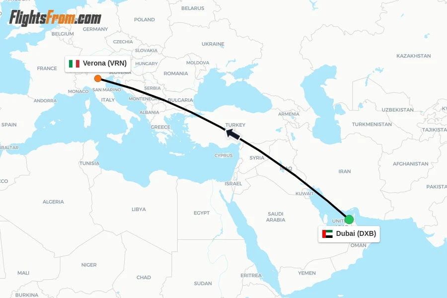 Flights from Dubai to Verona route map