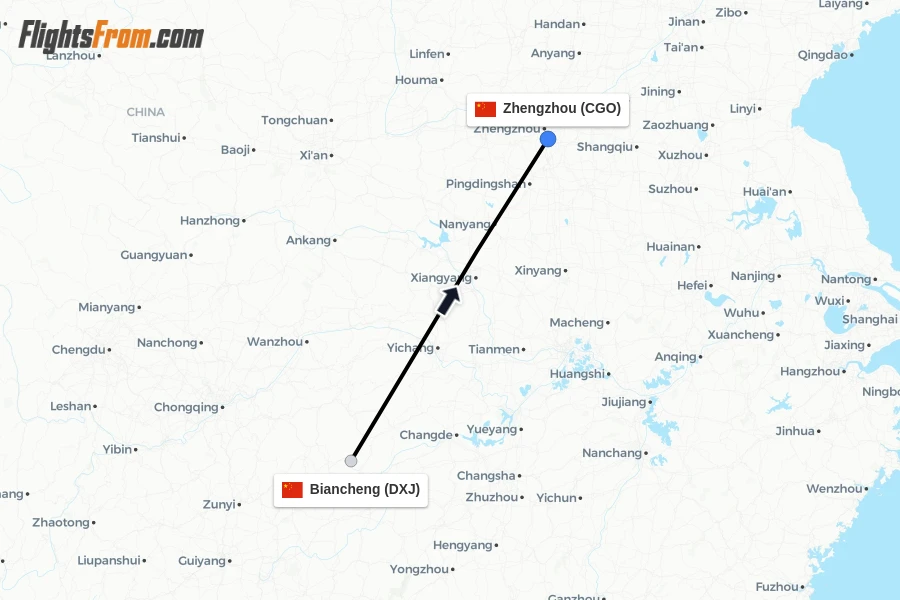 Flights from Biancheng to Zhengzhou route map