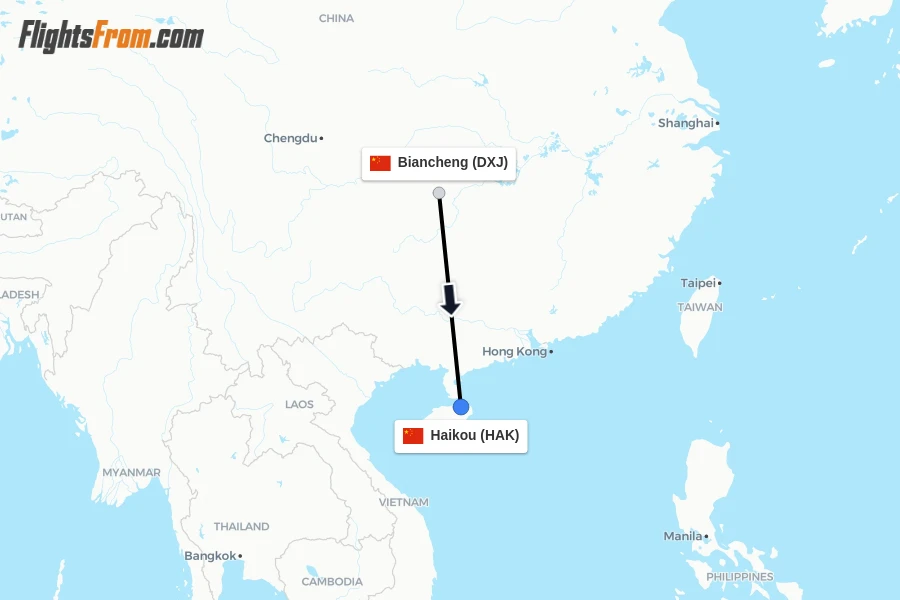 Flights from Biancheng to Haikou route map
