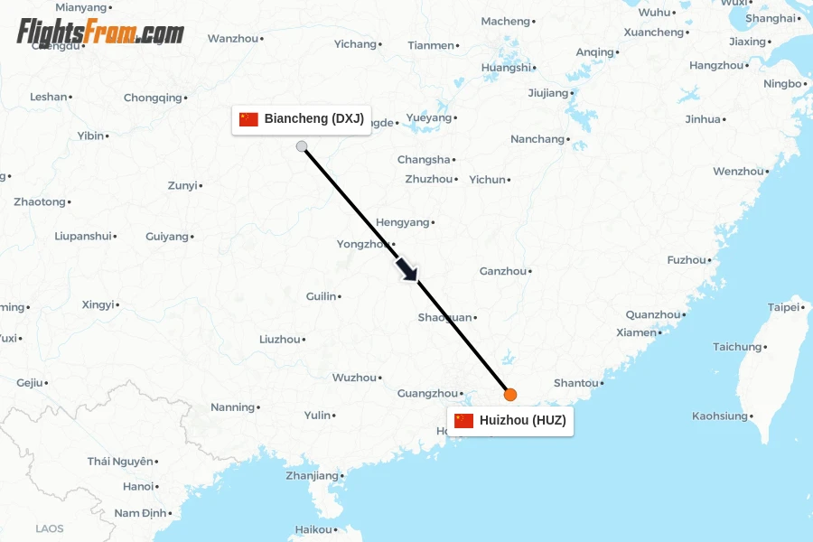 Flights from Biancheng to Huizhou route map