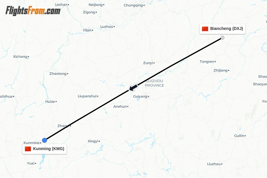 Flights from Biancheng to Kunming route map