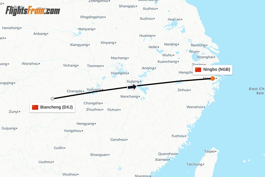 Flights from Biancheng to Ningbo route map