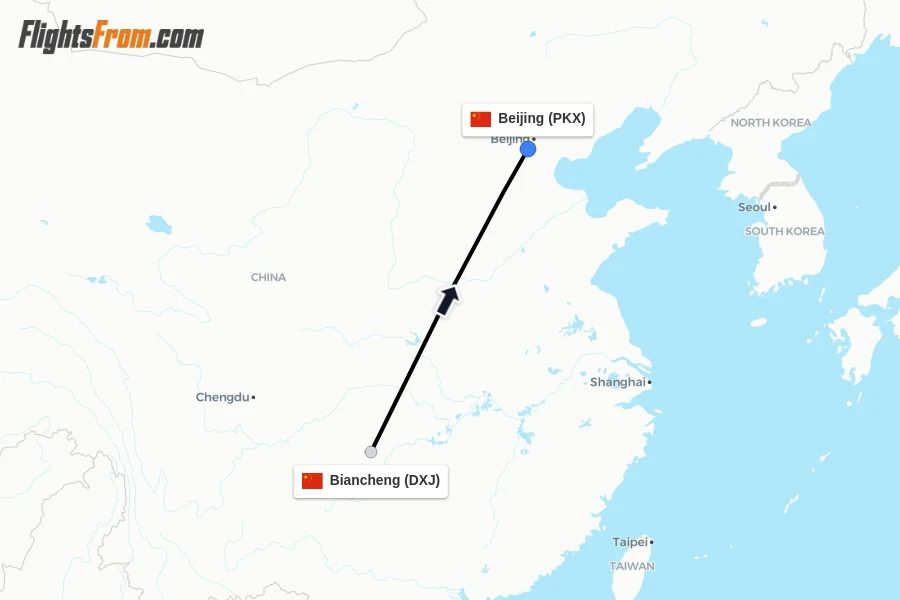 Flights from Biancheng to Beijing route map