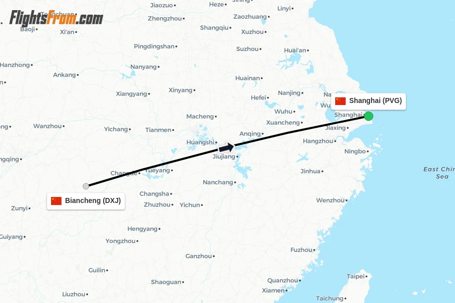 Flights from Biancheng to Shanghai route map