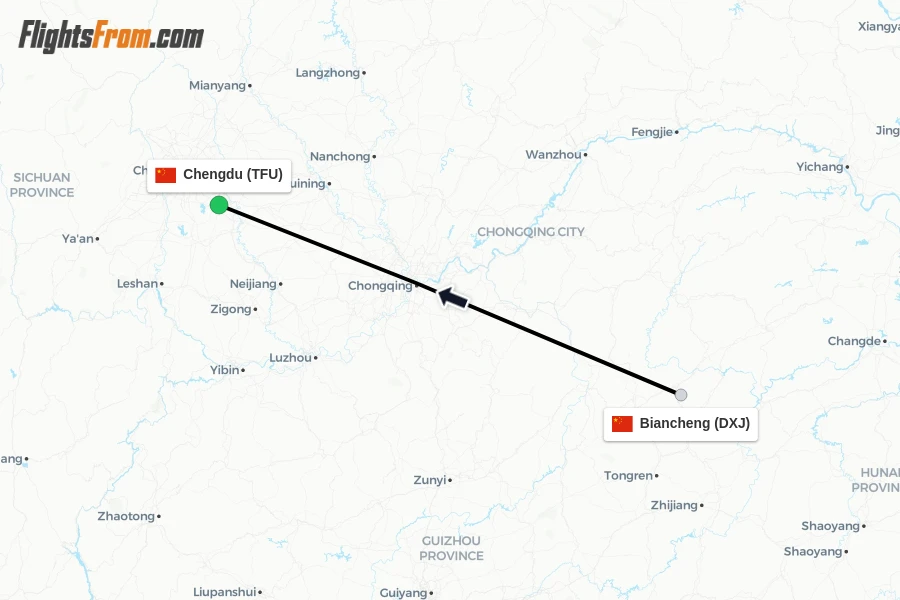 Flights from Biancheng to Chengdu route map