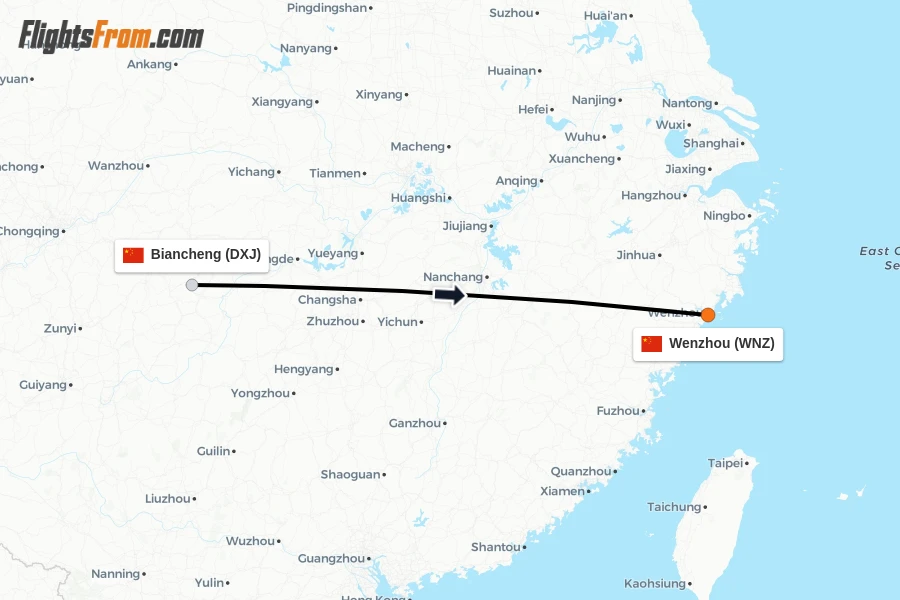 Flights from Biancheng to Wenzhou route map