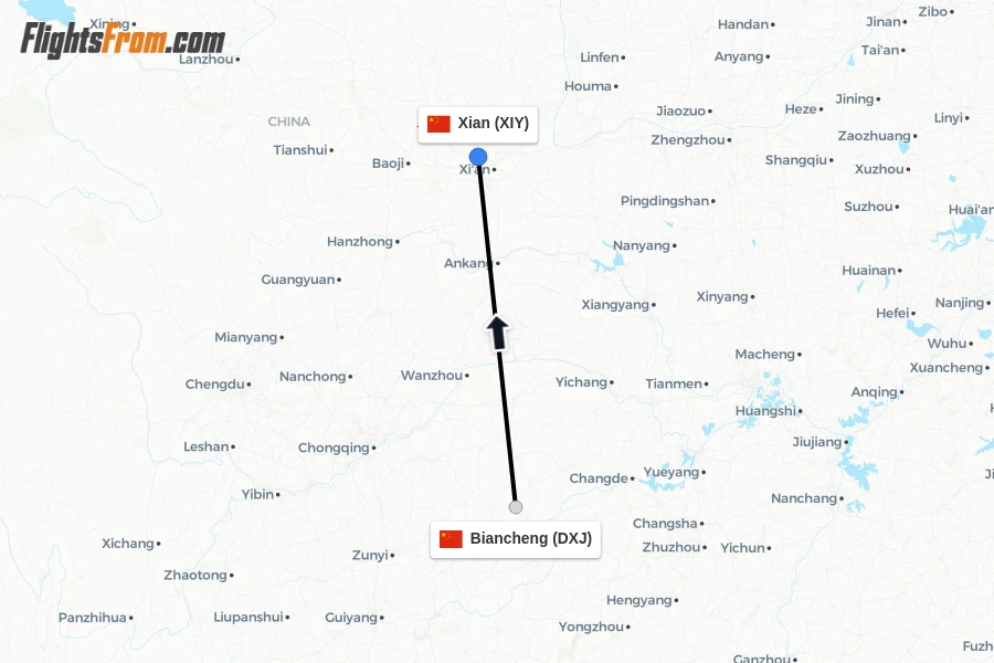 Flights from Biancheng to Xian route map