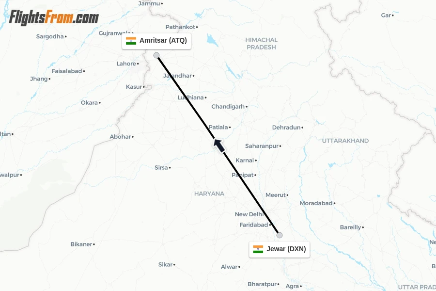 Flights from Jewar to Amritsar route map