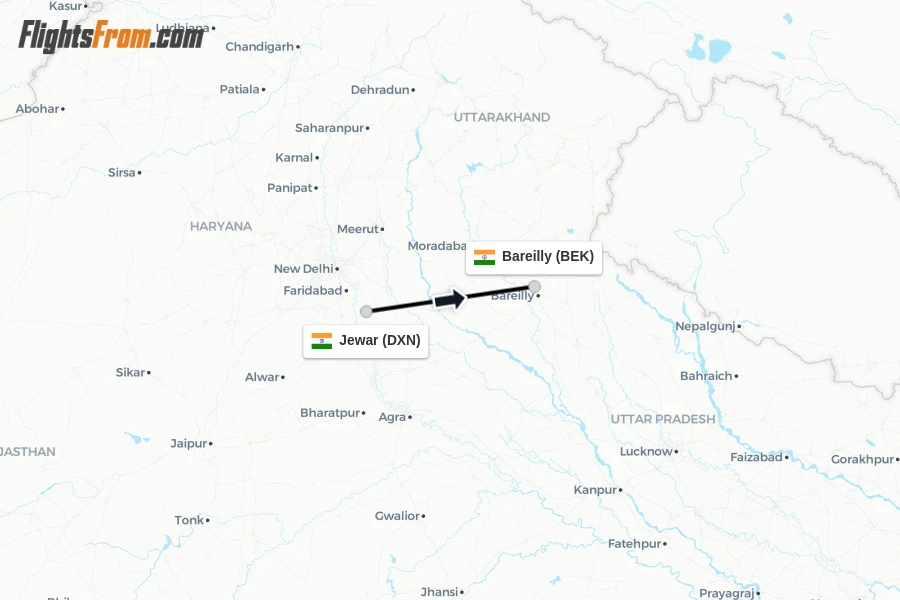 Flights from Jewar to Bareilly route map