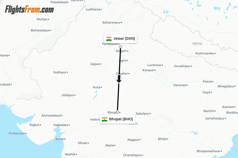 Flights from Jewar to Bhopal route map